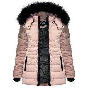 Chic Women's Blush Puffer Coat with Faux Fur Trim